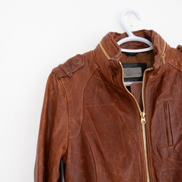 Mackage Brown 100% Leather Designer Zip Up Flap Pocket Hood Biker Jacket XXS - Picture 6 of 16